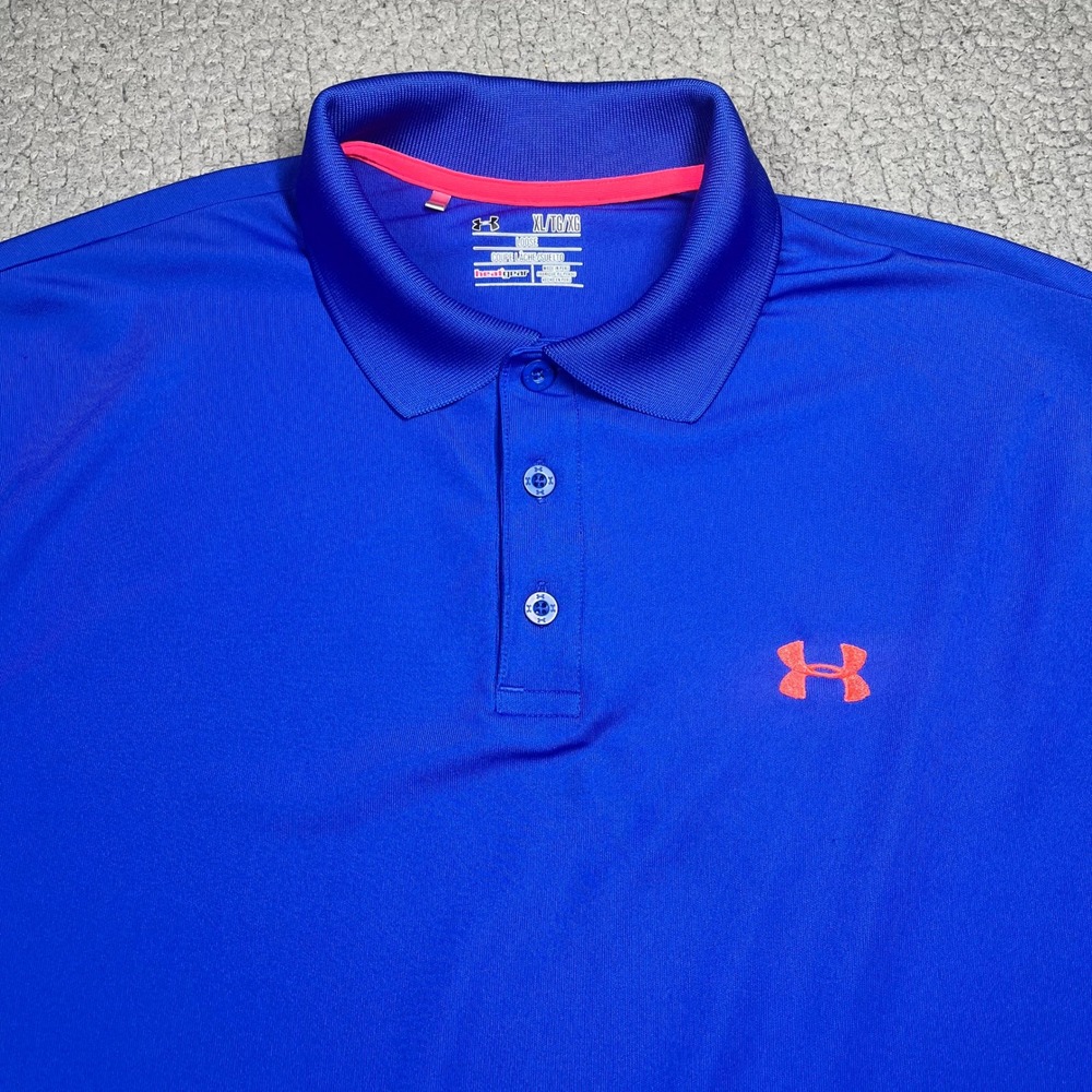 Under Armour Mens HeatGear Polo Shirt Blue Orange Logo Loose Fit XL 6462 - Picture 2 of 9